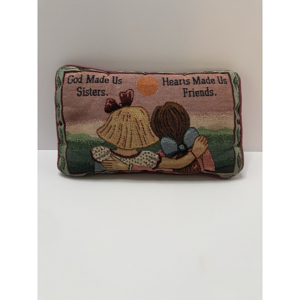 Vintage Tapestry Throw Pillow "God Made Us Sisters…" 12x7" Burgundy Back